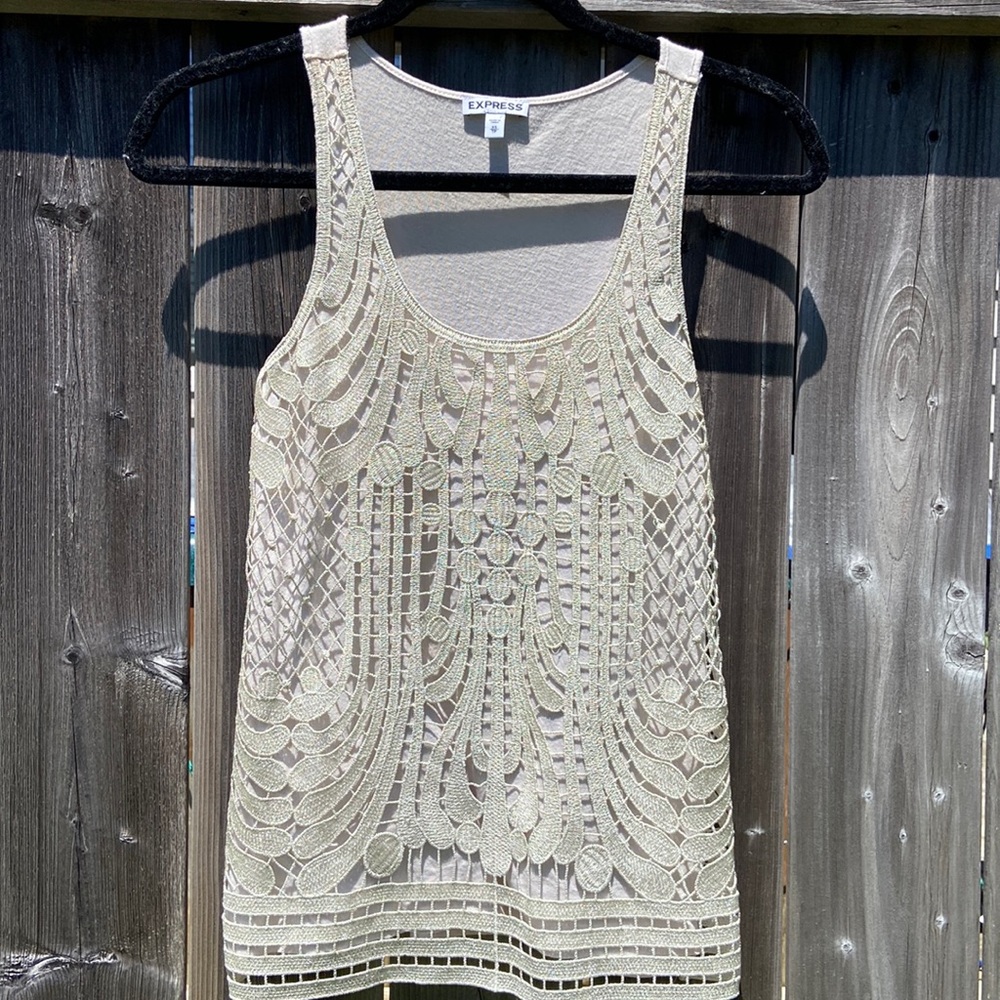 Express metallic embroidered lace like overlay tank top